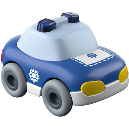 Spielzeug-Polizeiauto mit blauem Körper, weißem Dach, gelben Scheinwerfern und grauen Rädern auf weißem Hintergrund.