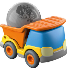 Spielzeug-Kipplaster mit orangener Ladefläche, grauer Kugel, blauem Fahrerhaus und gelben Details.