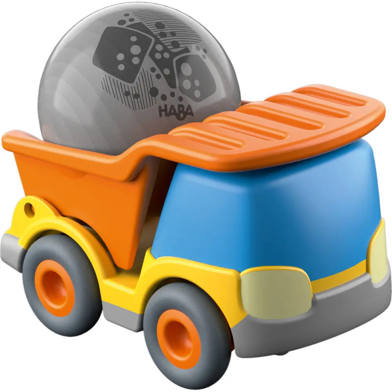 Spielzeug-Kipplaster mit orangener Ladefläche, grauer Kugel, blauem Fahrerhaus und gelben Details. Spielzeug-Kipplaster mit orangener Ladefläche, grauer Kugel, blauem Fahrerhaus und gelben Details.