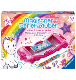 Bunte Perlenwebrahmen-Box mit Einhorn, Perlen, Armbändern und dem deutschen Text Magischer Perlenzauber.