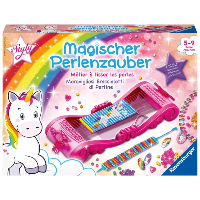 Bunte Perlenwebrahmen-Box mit Einhorn, Perlen, Armbändern und dem deutschen Text Magischer Perlenzauber. Bunte Perlenwebrahmen-Box mit Einhorn, Perlen, Armbändern und dem deutschen Text Magischer Perlenzauber.