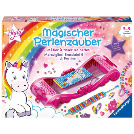 Bunte Perlenwebrahmen-Box mit Einhorn, Perlen, Armbändern und dem deutschen Text Magischer Perlenzauber. Bunte Perlenwebrahmen-Box mit Einhorn, Perlen, Armbändern und dem deutschen Text Magischer Perlenzauber.