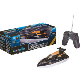 Ferngesteuertes Speedboot-Spielzeugset mit Verpackung und schwarzer Fernbedienung vor weißem Hintergrund.