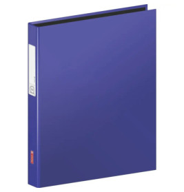 Ein blauer Ordner mit drei Ringen steht aufrecht und trägt ein Etikett auf dem Rücken.