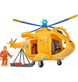 Gelber Spielzeug-Rettungshubschrauber mit blauen Rotoren, Figur in orange und Rettungsausrüstung daneben.