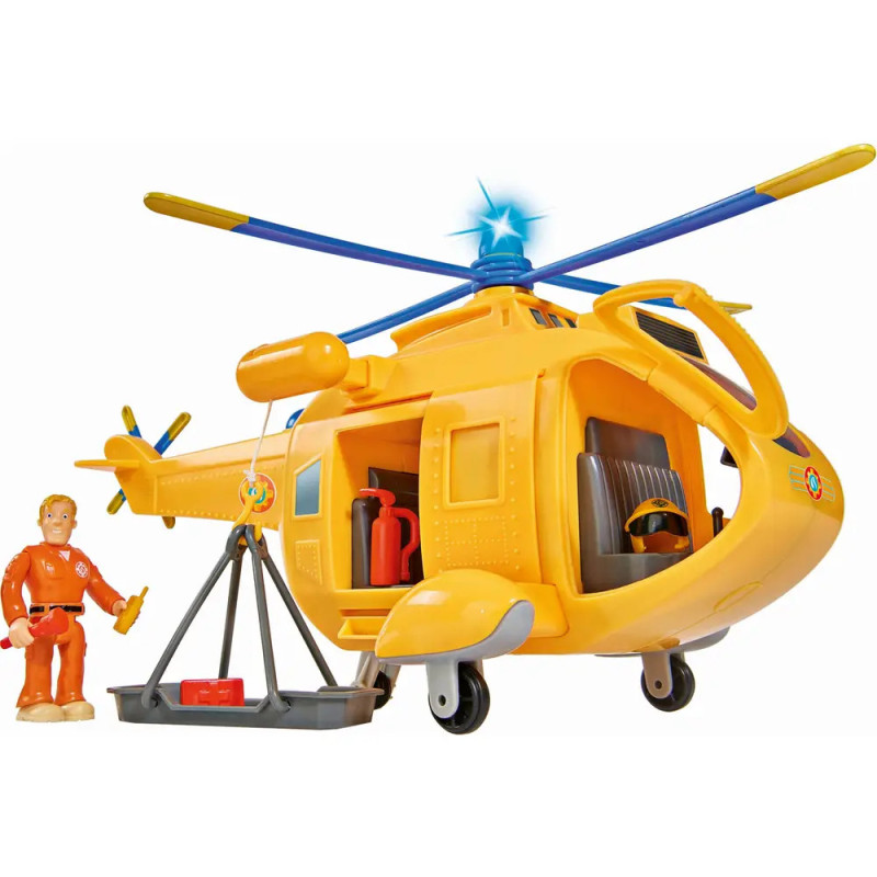 Gelber Spielzeug-Rettungshubschrauber mit blauen Rotoren, Figur in orange und Rettungsausrüstung daneben. Gelber Spielzeug-Rettungshubschrauber mit blauen Rotoren, Figur in orange und Rettungsausrüstung daneben.