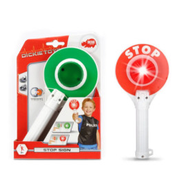 Spielzeug-Stopp-Schild mit roter und grüner Seite; Verpackung zeigt Kind als Polizist verkleidet.