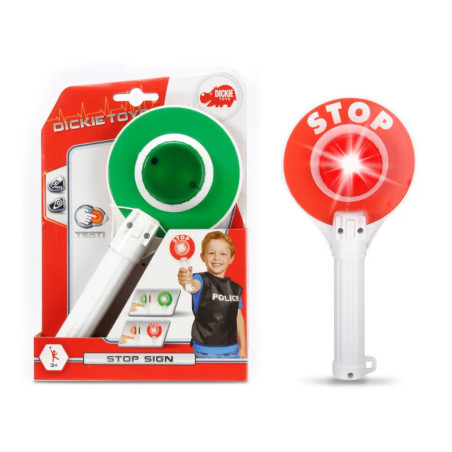 Spielzeug-Stopp-Schild mit roter und grüner Seite Verpackung zeigt Kind als Polizist verkleidet.