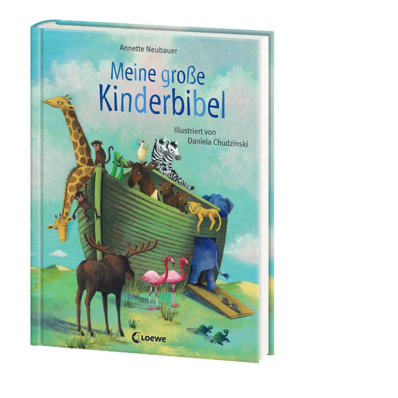 Kinderbuchcover: Tiere gehen auf Noahs Arche Titel: Meine große Kinderbibel.