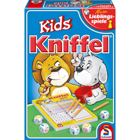 Kinder Kniffel Spielschachtel mit Löwen- und Hund-Cartoon, Würfeln, Wertungsblock und Stäbchen auf der Vorderseite. Kinder Kniffel Spielschachtel mit Löwen- und Hund-Cartoon, Würfeln, Wertungsblock und Stäbchen auf der Vorderseite.