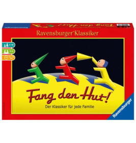 Rote, grüne und gelbe Hütchen auf der Fang den Hut!-Spielschachtel von Ravensburger.