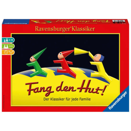 Rote, grüne und gelbe Hütchen auf der Fang den Hut!-Spielschachtel von Ravensburger. Rote, grüne und gelbe Hütchen auf der Fang den Hut!-Spielschachtel von Ravensburger.