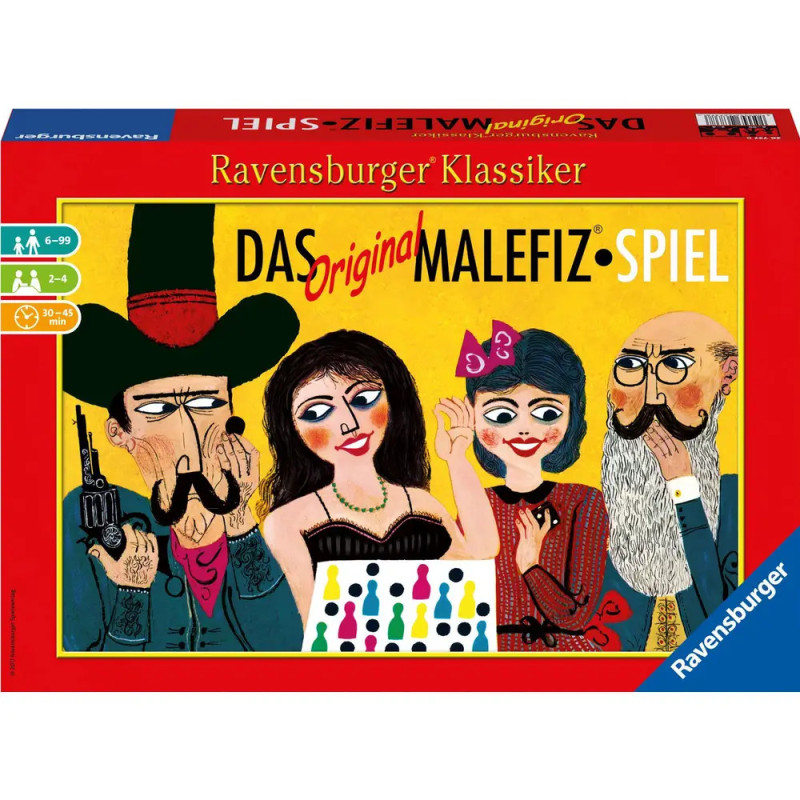 Boxcover von Das Original Malefiz Spiel zeigt vier gezeichnete Personen und ein Brettspiel, umrahmt von einem roten Rand. Boxcover von Das Original Malefiz Spiel zeigt vier gezeichnete Personen und ein Brettspiel, umrahmt von einem roten Rand.