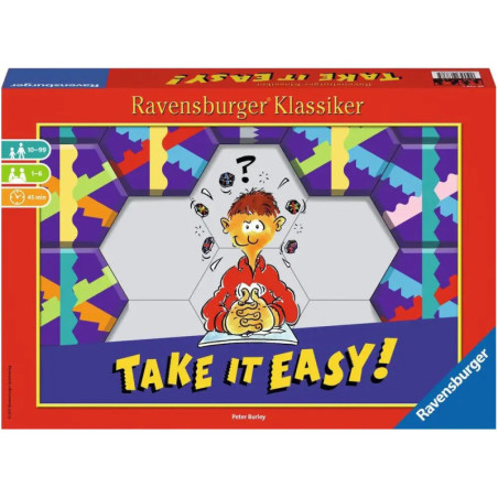 Spieleschachtel mit Cartoon-Junge und Puzzleteilen, bunte Muster, Aufschrift: Take It Easy!. Spieleschachtel mit Cartoon-Junge und Puzzleteilen, bunte Muster, Aufschrift: Take It Easy!.