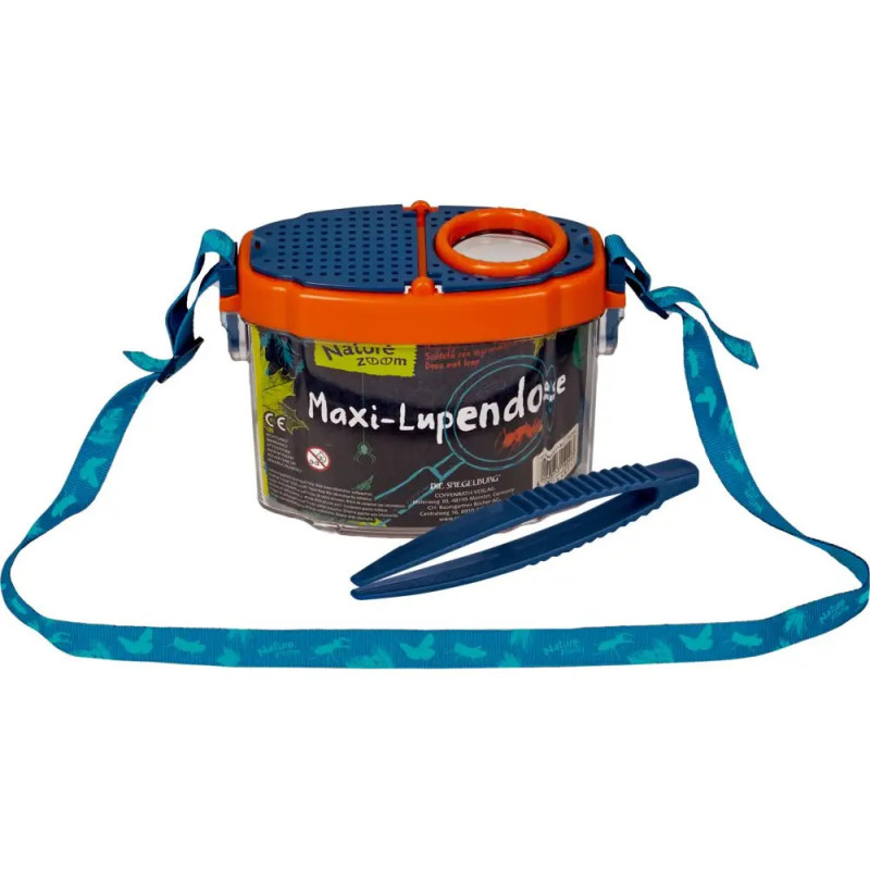 Klare Insekten-Box mit blauem Gurt, orangem Deckel, Lupe und blauer Pinzette.