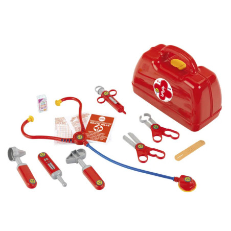 Arztspielzeug-Set mit rotem Koffer, Stethoskop, Spritze, Schere, Thermometer und weiteren Medizinwerkzeugen. Arztspielzeug-Set mit rotem Koffer, Stethoskop, Spritze, Schere, Thermometer und weiteren Medizinwerkzeugen.