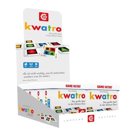 Schachtel des Kartenspiels Kwatro von Game Factory mit bunten Karten und deutschem Text.