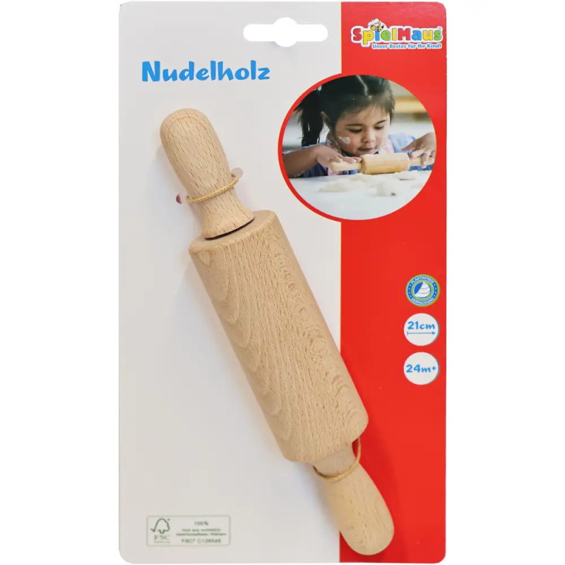 Holz-Teigrolle in Verpackung, oben rechts ein Foto eines Kindes, das eine Teigrolle benutzt.