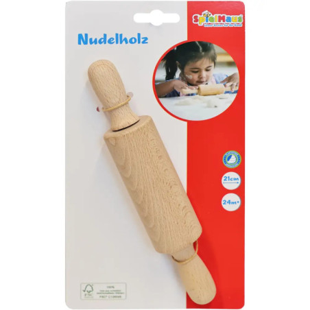 Holz-Teigrolle in Verpackung, oben rechts ein Foto eines Kindes, das eine Teigrolle benutzt.