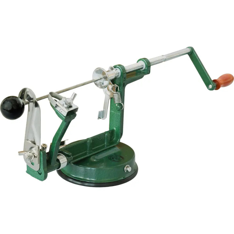Grüner und silberner Apfelschäler mit Handkurbel, Saugfuß und Metallklinge.