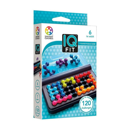 IQ Fit Spielbox mit bunten Teilen und dem Hinweis "120 Herausforderungen" auf der Vorderseite.