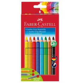 Rote Faber-Castell-Schachtel mit acht Jumbo Grip Buntstiften, die vorn auf der Verpackung sichtbar sind.