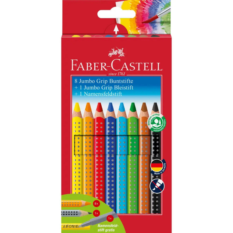Rote Faber-Castell-Schachtel mit acht Jumbo Grip Buntstiften, die vorn auf der Verpackung sichtbar sind. Rote Faber-Castell-Schachtel mit acht Jumbo Grip Buntstiften, die vorn auf der Verpackung sichtbar sind.