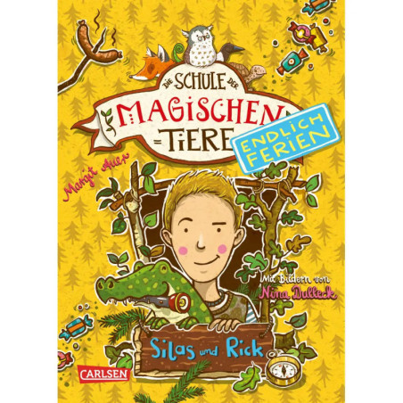 Illustrierter Buchumschlag mit Junge, Chamäleon, Blättern und deutschem Text zu magischen Tieren und Schulferien.