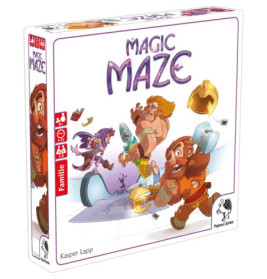 Spieleschachtel von Magic Maze mit Comic-Abenteurern, die durch ein Labyrinth mit Fantasiegegenständen laufen.