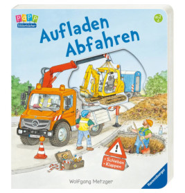 Kinderbuchcover: Ein Kran lädt einen Bagger auf einen Lastwagen an einer Baustelle.