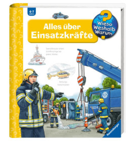 Feuerwehr und Polizei helfen bei einem Notfall neben einem Kran und Unfallauto auf einem Kinderbuchcover.