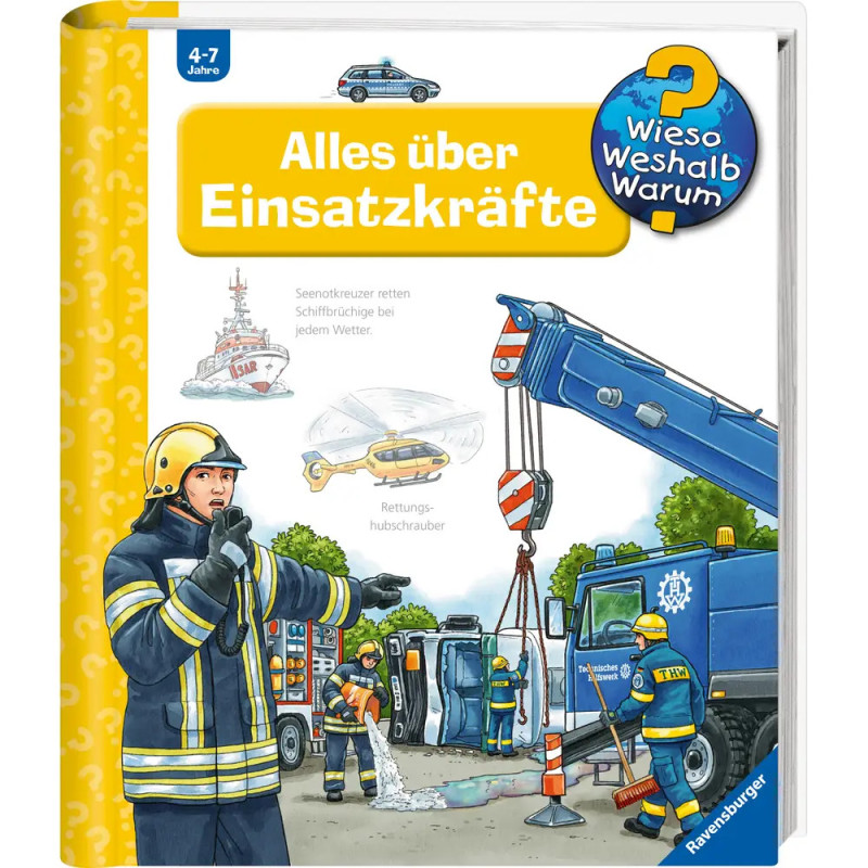 Feuerwehr und Polizei helfen bei einem Notfall neben einem Kran und Unfallauto auf einem Kinderbuchcover.