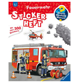 Feuerwehr-Stickerbuch für Kinder mit Feuerwehrleuten, Feuerwehrauto, Rauch und Hubschrauber.