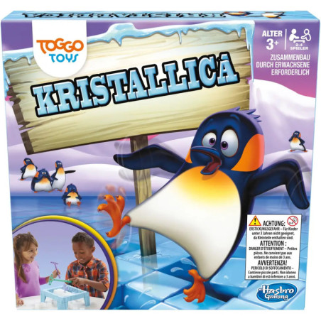 Schachtel eines Brettspiels: Ein Cartoon-Pinguin rutscht über Eis, darauf ein Holzschild mit KRASTALLICA.