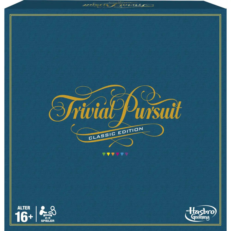 Blaue Schachtel des Trivial Pursuit Classic Edition mit goldener Schrift und Hasbro Gaming Logo.