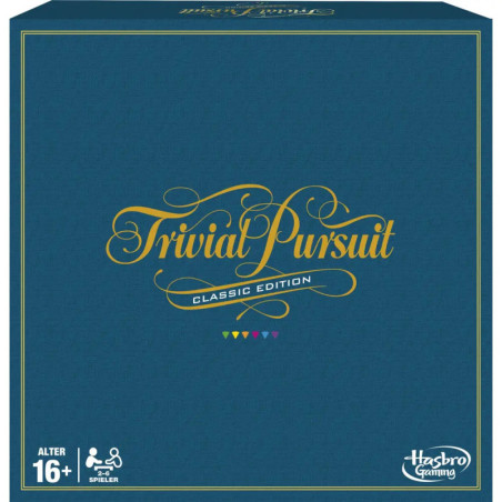 Blaue Schachtel des Trivial Pursuit Classic Edition mit goldener Schrift und Hasbro Gaming Logo.