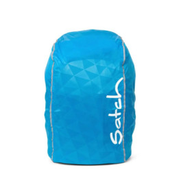 Leuchtend blauer Rucksack mit geometrischem Muster und weißem Satch-Schriftzug auf der Vorderseite.