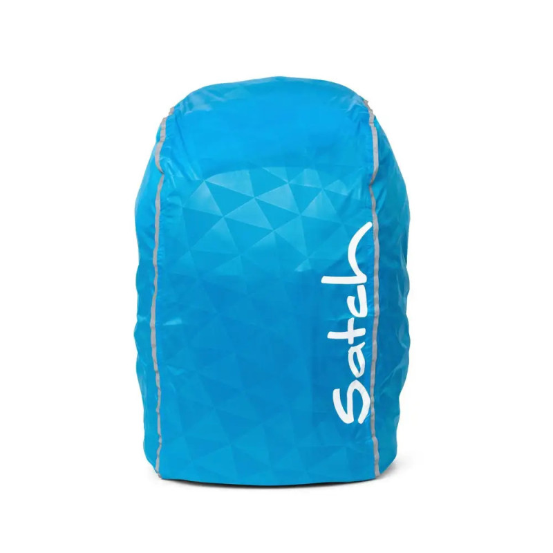 Leuchtend blauer Rucksack mit geometrischem Muster und weißem Satch-Schriftzug auf der Vorderseite. Leuchtend blauer Rucksack mit geometrischem Muster und weißem Satch-Schriftzug auf der Vorderseite.