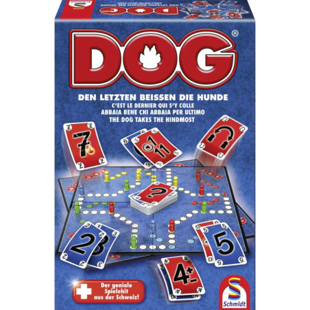 Schachtel des Brettspiels DOG mit Spielbrett, Karten und Spielfiguren in Rot, Grün, Gelb und Blau. Schachtel des Brettspiels DOG mit Spielbrett, Karten und Spielfiguren in Rot, Grün, Gelb und Blau.