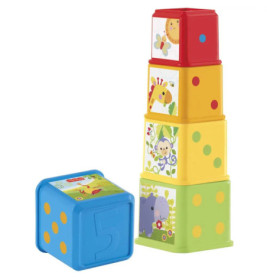 Vier bunte Stapelblöcke mit Tiermotiven sowie ein blauer Block mit der Zahl 5 und Punkten.