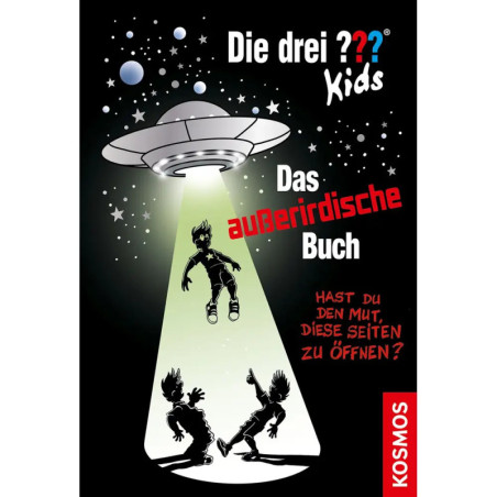 UFO entführt Kind, zwei weitere schauen schockiert zu dunkles, sternenklares Cover eines deutschen Kinderbuchs.