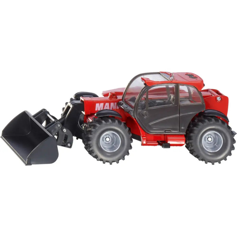 Roter Spielzeugtraktor mit Frontlader und klaren Kabinenfenstern, seitlich betrachtet. Roter Spielzeugtraktor mit Frontlader und klaren Kabinenfenstern, seitlich betrachtet.