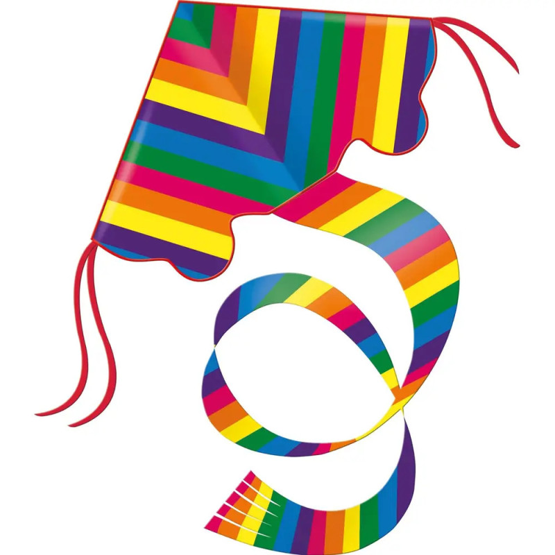 Ein bunter Drachen mit Regenbogenstreifen, passendem Schwanz und roten Bandelementen. Ein bunter Drachen mit Regenbogenstreifen, passendem Schwanz und roten Bandelementen.
