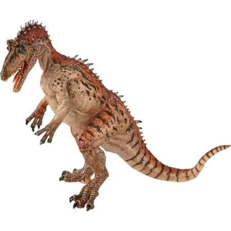 Detaillierte Spielfigur eines braun-orange gestreiften Dinosauriers mit scharfen Zähnen und kleinen Armen.