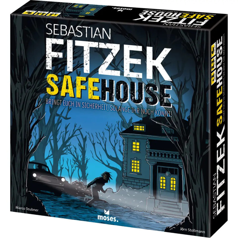 Spieleschachtel von Safehouse (Sebastian Fitzek): Eine Figur rennt nachts auf ein beleuchtetes Haus zu.