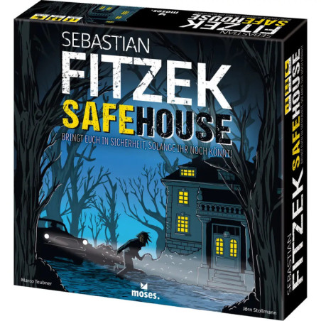 Spieleschachtel von Safehouse (Sebastian Fitzek): Eine Figur rennt nachts auf ein beleuchtetes Haus zu.