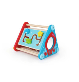 Buntes Holz-Dreieckspielzeug mit Perlen, Schiebern und seitlicher Öffnung für Kleinkinder.