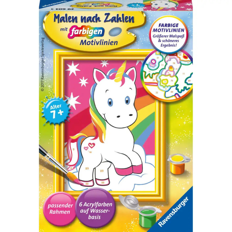 Malset für Kinder mit süßem Einhorn und Regenbogen-Hintergrund auf der Verpackung.