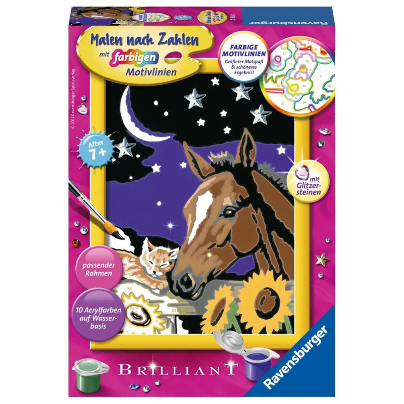 Malset-Schachtel mit Pferd, Katze und Sonnenblumen vor Sternennachthimmel mit Mondsichel. Malset-Schachtel mit Pferd, Katze und Sonnenblumen vor Sternennachthimmel mit Mondsichel.