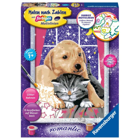 Ravensburger Malen-nach-Zahlen-Set mit kuschelndem Hund und Katze, als romantisch bezeichnet. Ravensburger Malen-nach-Zahlen-Set mit kuschelndem Hund und Katze, als romantisch bezeichnet.